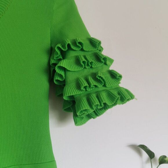 Rare Designer Vintage 70sΒ Dressβin Neon Lime Green Maxi Ruffle PuffβSleeves - Picture 5 of 8